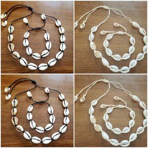 2 Pcs Ivory Cowrie Shell Waxed Cord Bead Choker And Bracelet Set